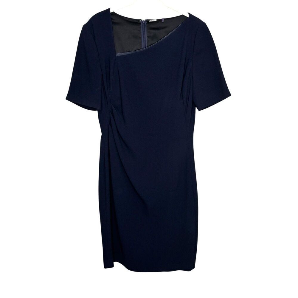 Elie Tahari Dress Size 6 Navy Blue Leather Asymmetrical Neck Sheath Knee Length - Picture 2 of 11